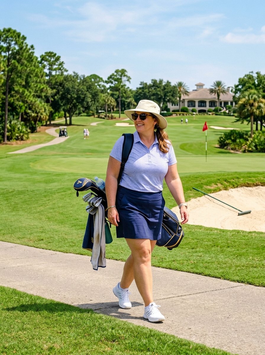 Smiling female golfer with hat and sunglasses walking on a paved path at a sunny golf course.