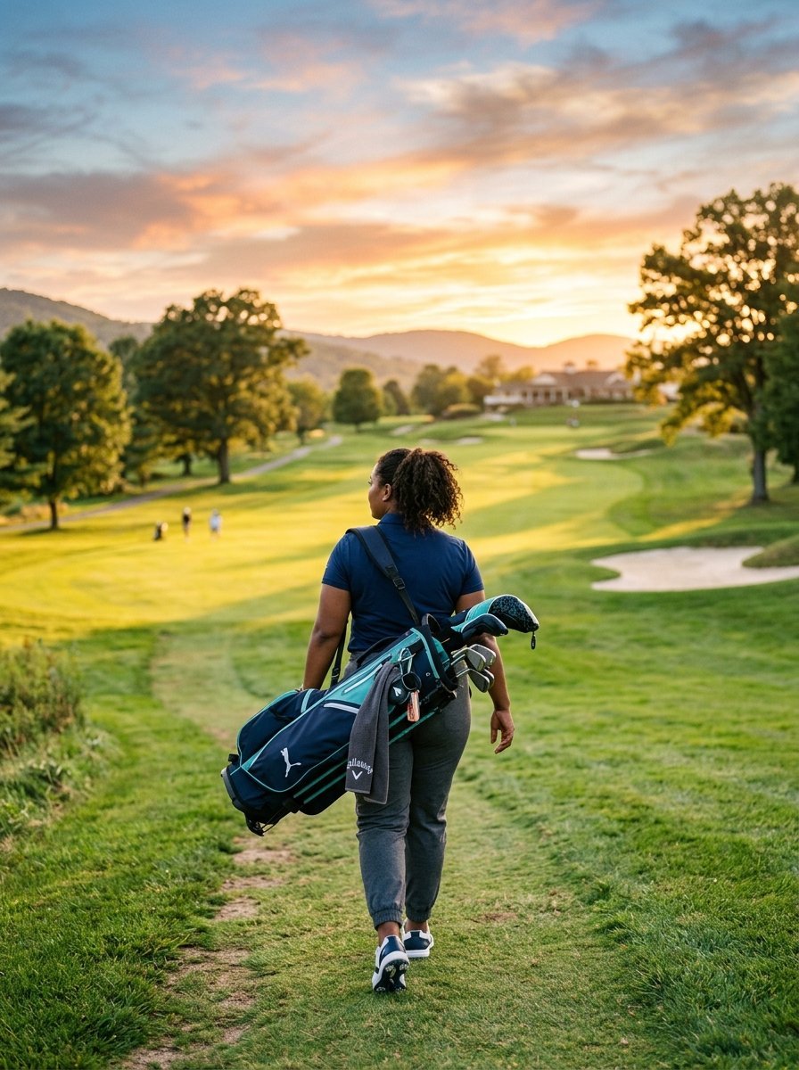 Back view of a woman carrying a golf bag while walking along a grassy fairway toward distant clubhouse buildings.