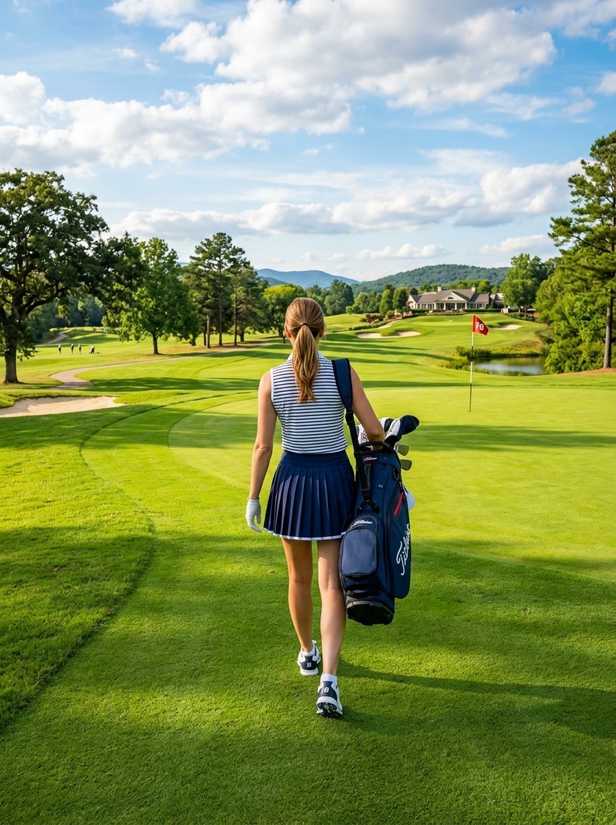 Golfer with a ponytail carries a golf bag across a sunny fairway towards a flag on the green.