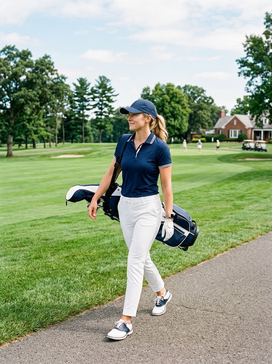A woman in a navy polo and white pants carries a golf bag while walking on a paved path at a country club.
