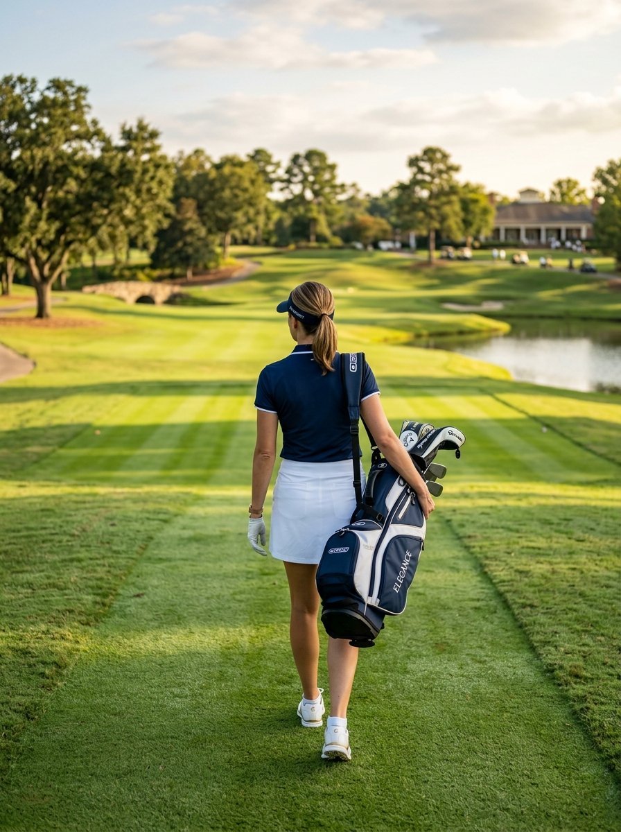 A female golfer walks away from the camera on a golf course carrying her club bag over her shoulder.