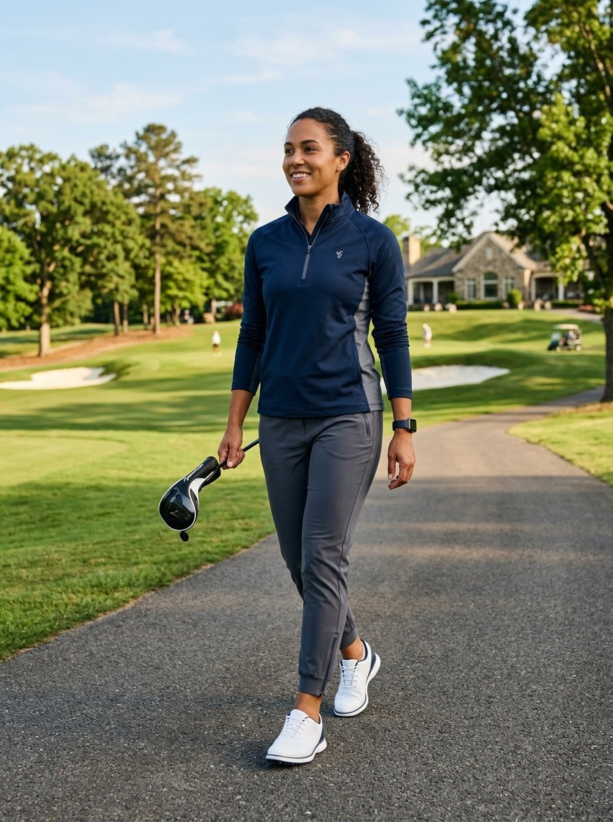 Smiling woman in dark golf attire carrying a club on a paved path at a sunny golf course.