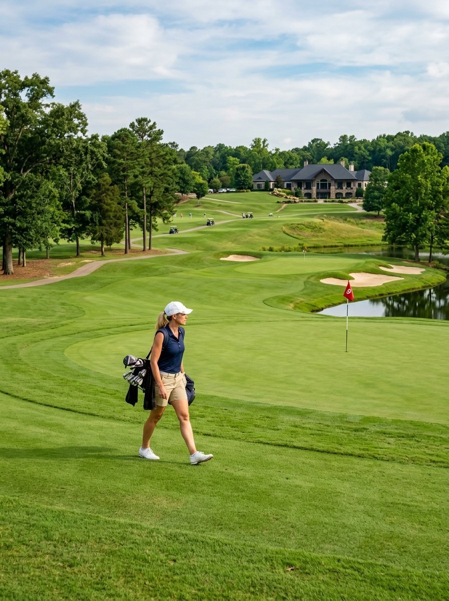 A female golfer carrying her clubs across a scenic golf course fairway with a clubhouse in the distance.