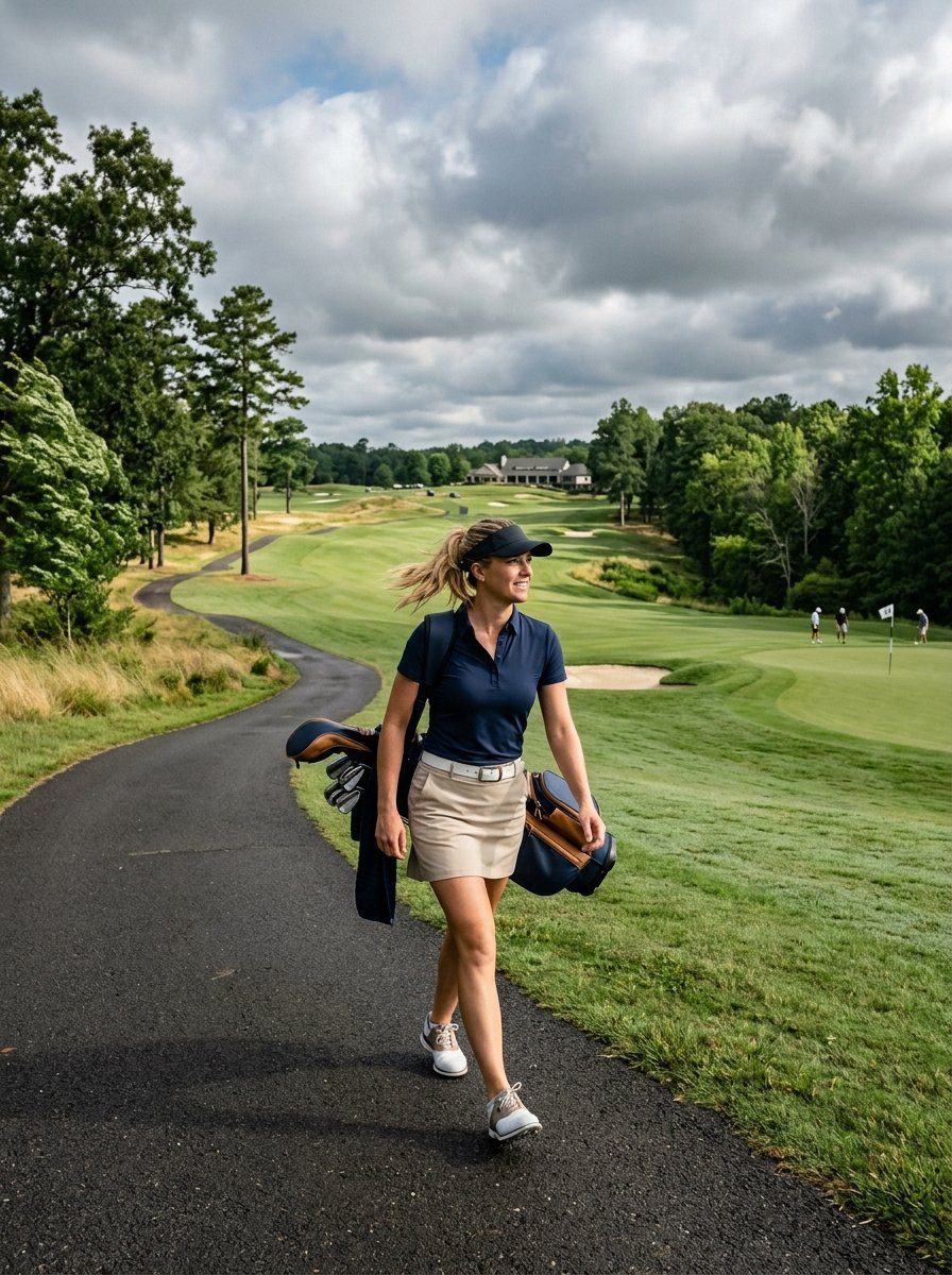 Young woman in a visor and navy polo shirt carrying a golf bag along a cart path on a sunny day.