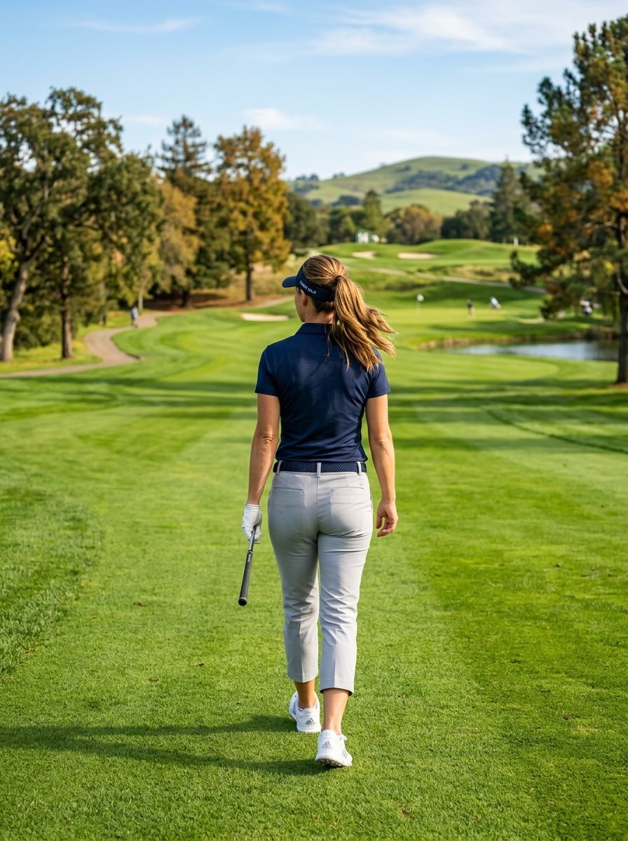A ponytail-wearing female golfer in grey pants walking on a lush green course holding a club.
