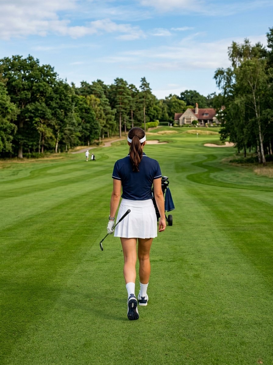Rear view of a female golfer holding a club while walking along a manicured golf course fairway.
