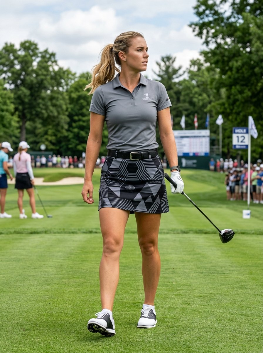 A blonde woman in a grey polo and geometric skirt walks across a golf course holding a driver.