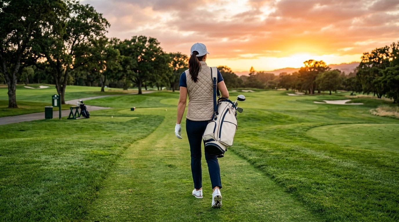 A female golfer in a vest walks along a green course toward the horizon during a golden hour sunset.