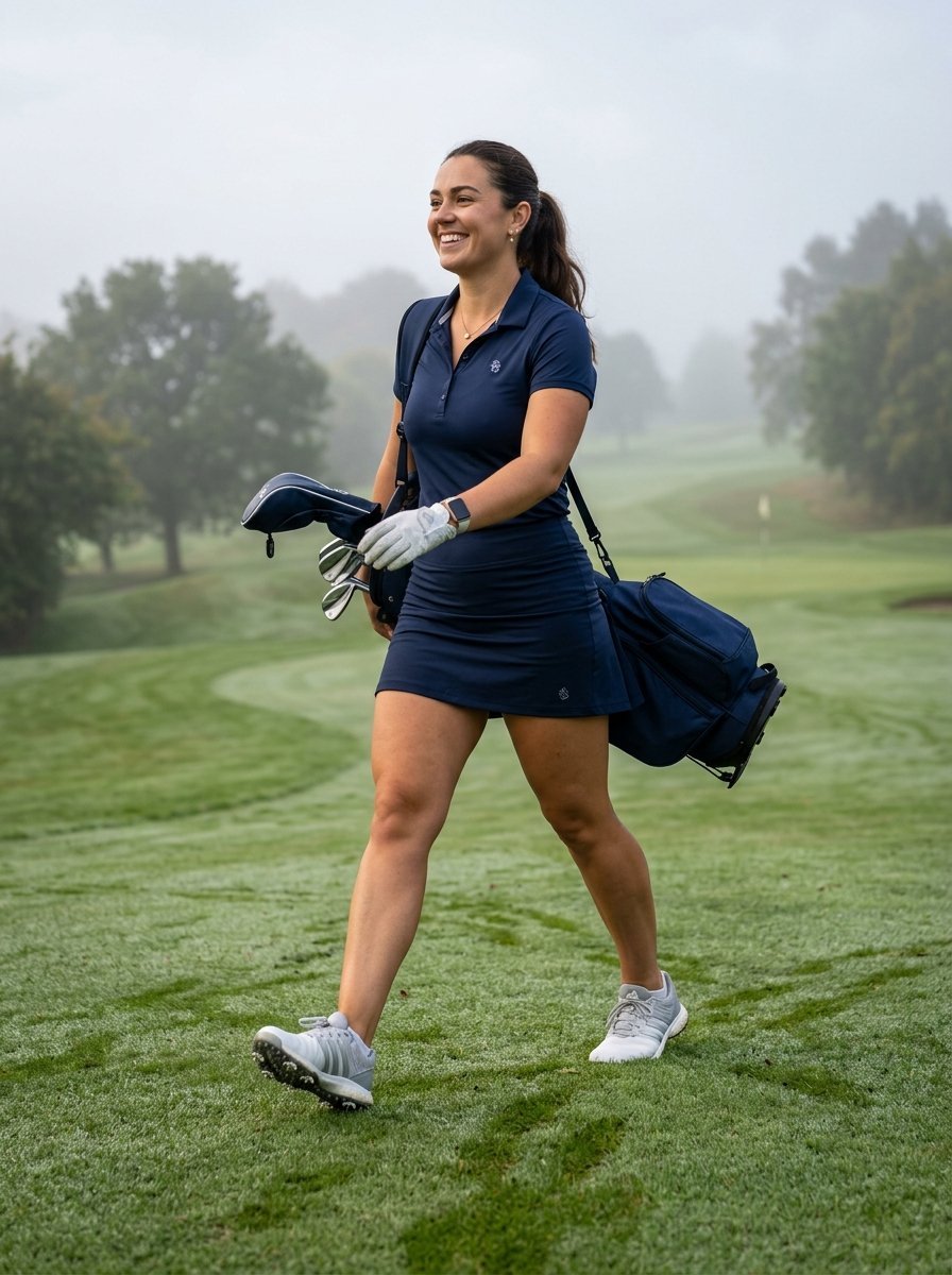 A woman in a navy golf outfit walks across a misty green fairway while carrying a bag of clubs.