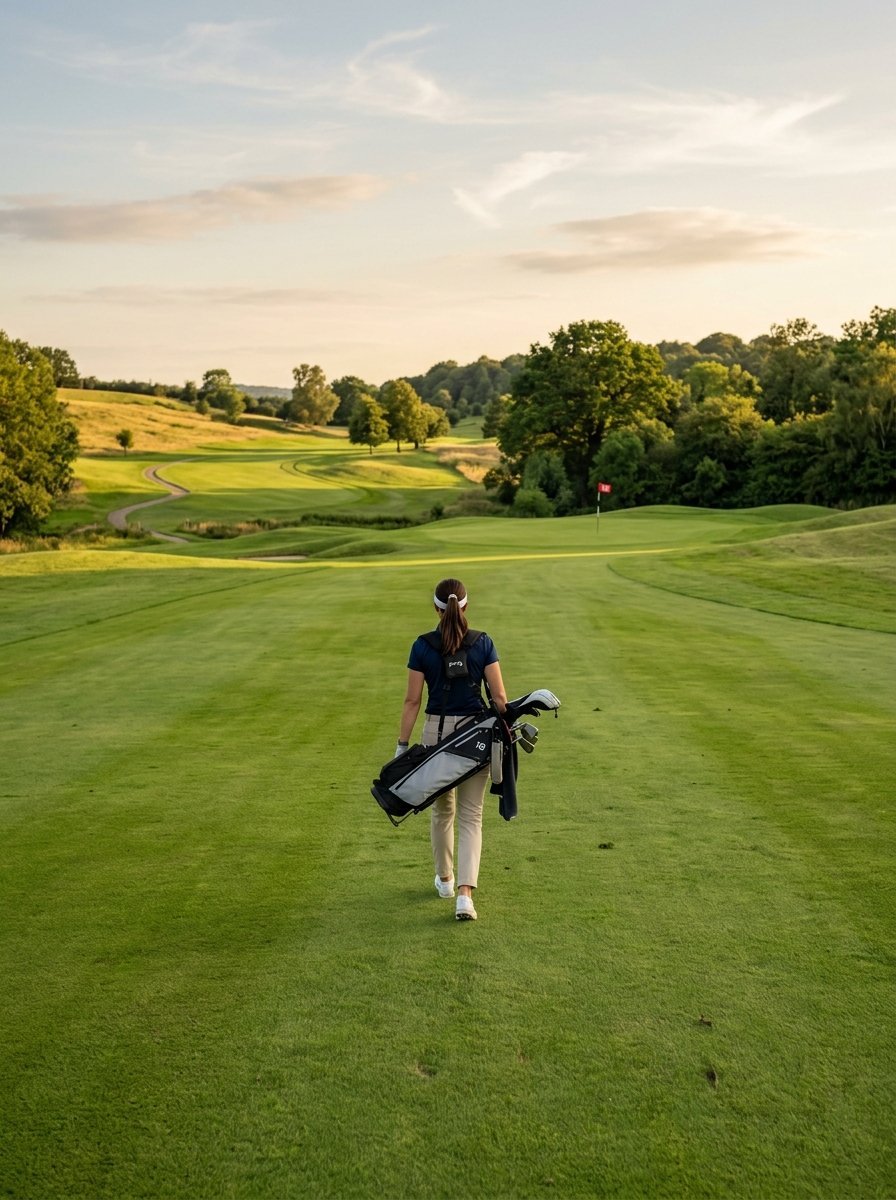 Golfer wearing khaki pants walks toward a distant pin on a lush green course at sunset.