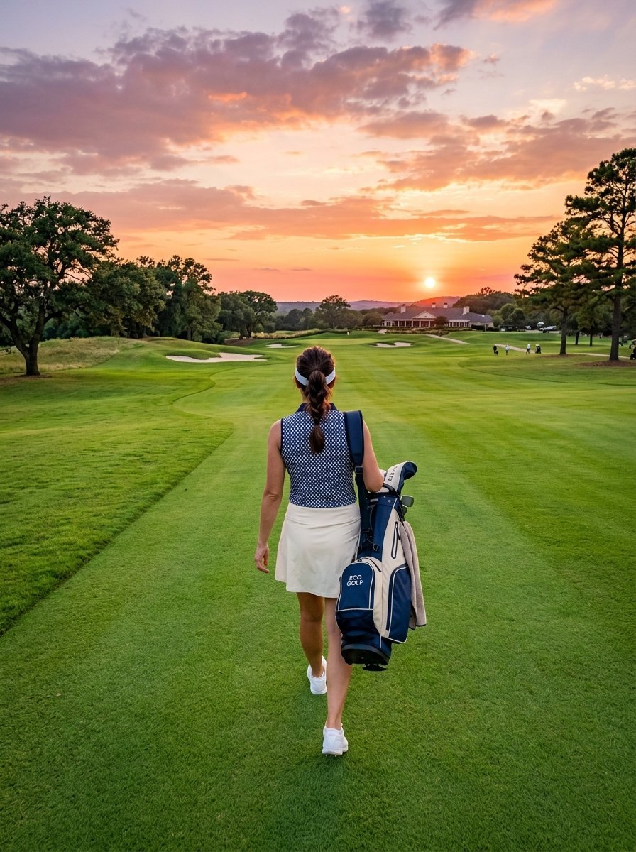 Woman carrying a golf bag while walking across a green golf course during a vibrant orange sunset.