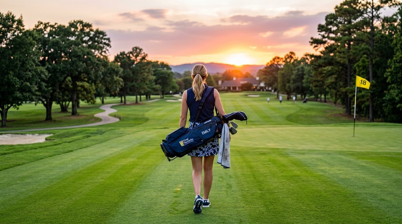 Woman carrying a golf bag walking down a lush green fairway at sunset with a number 18 flag visible.