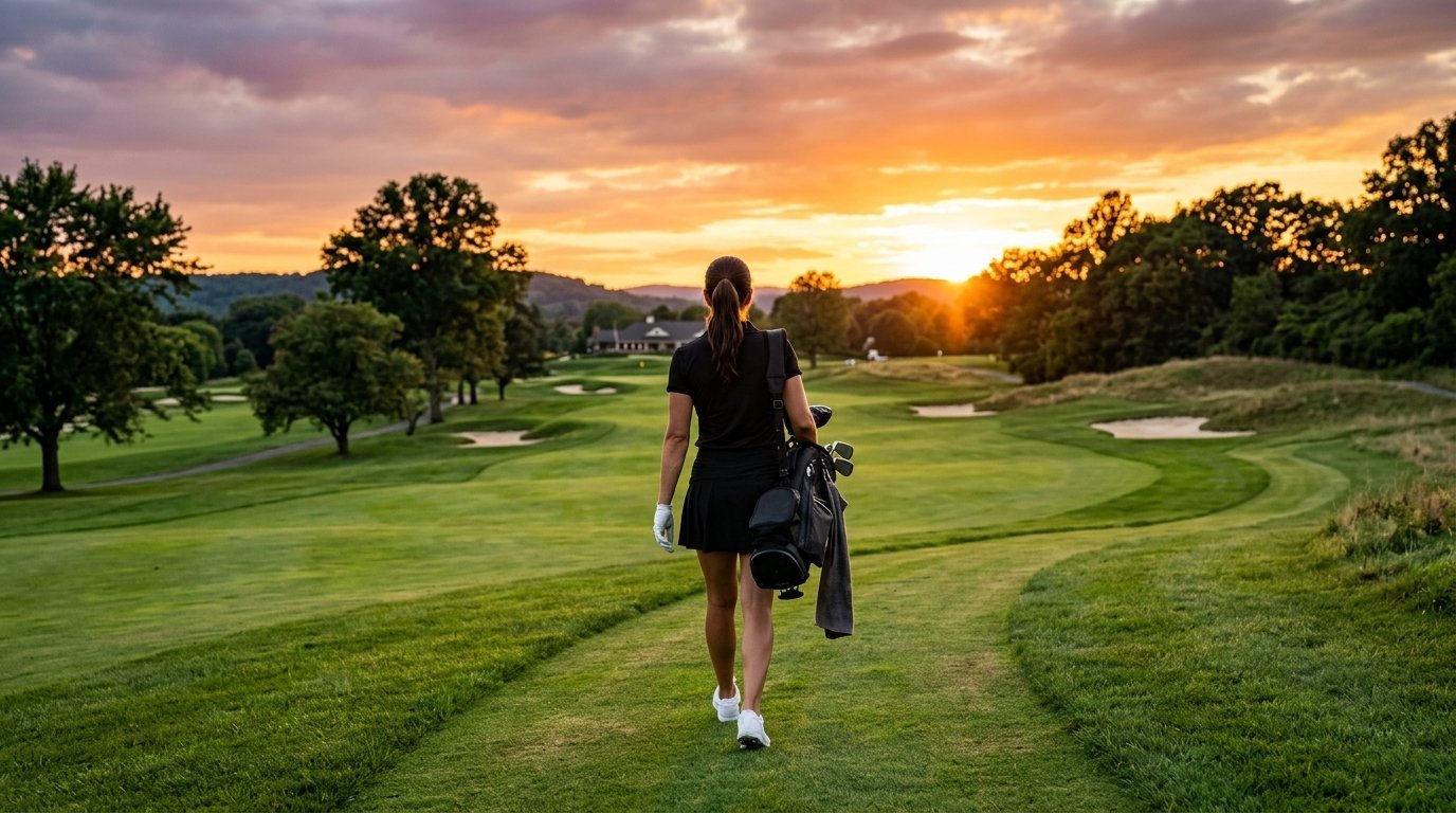 Back view of a woman carrying a golf bag while walking on a fairway toward the clubhouse at dusk.