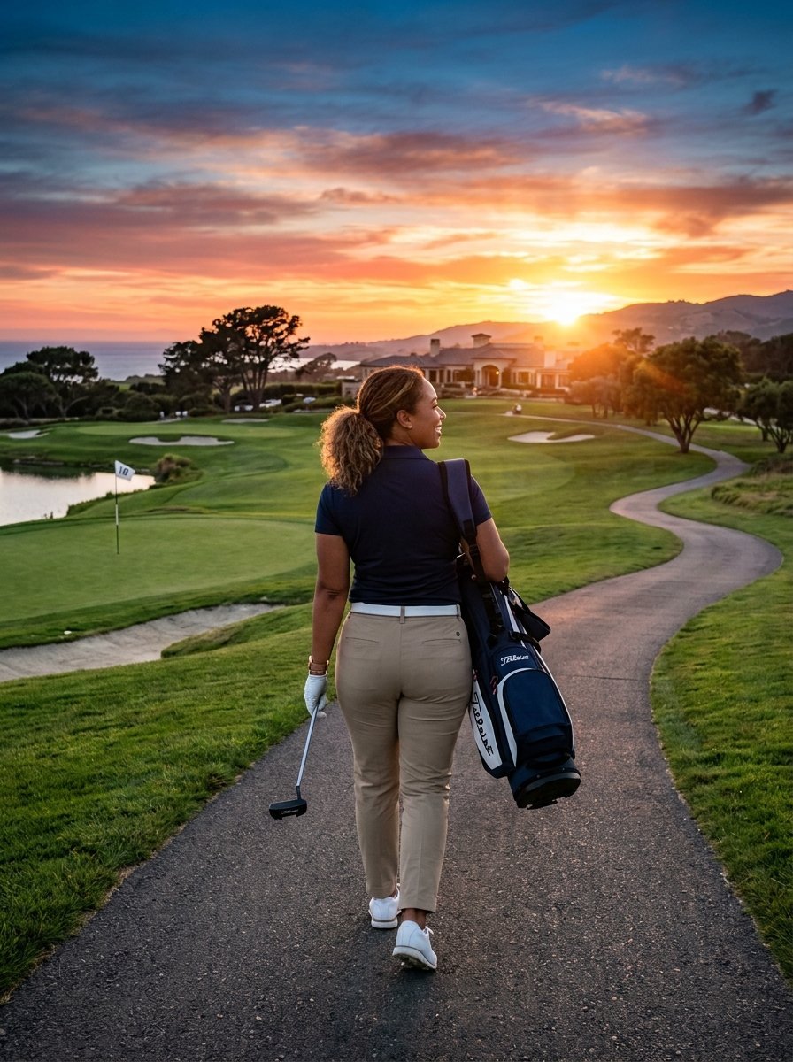 Woman walking on a golf course path carrying a club and bag at golden hour.
