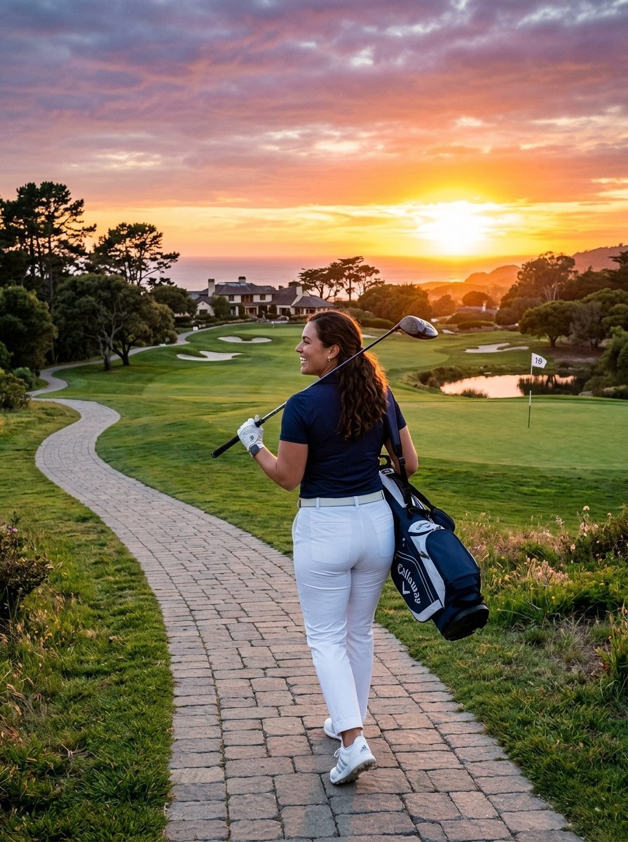 Woman in white trousers carrying a golf bag and club on a stone walkway overlooking a golf course at golden hour.