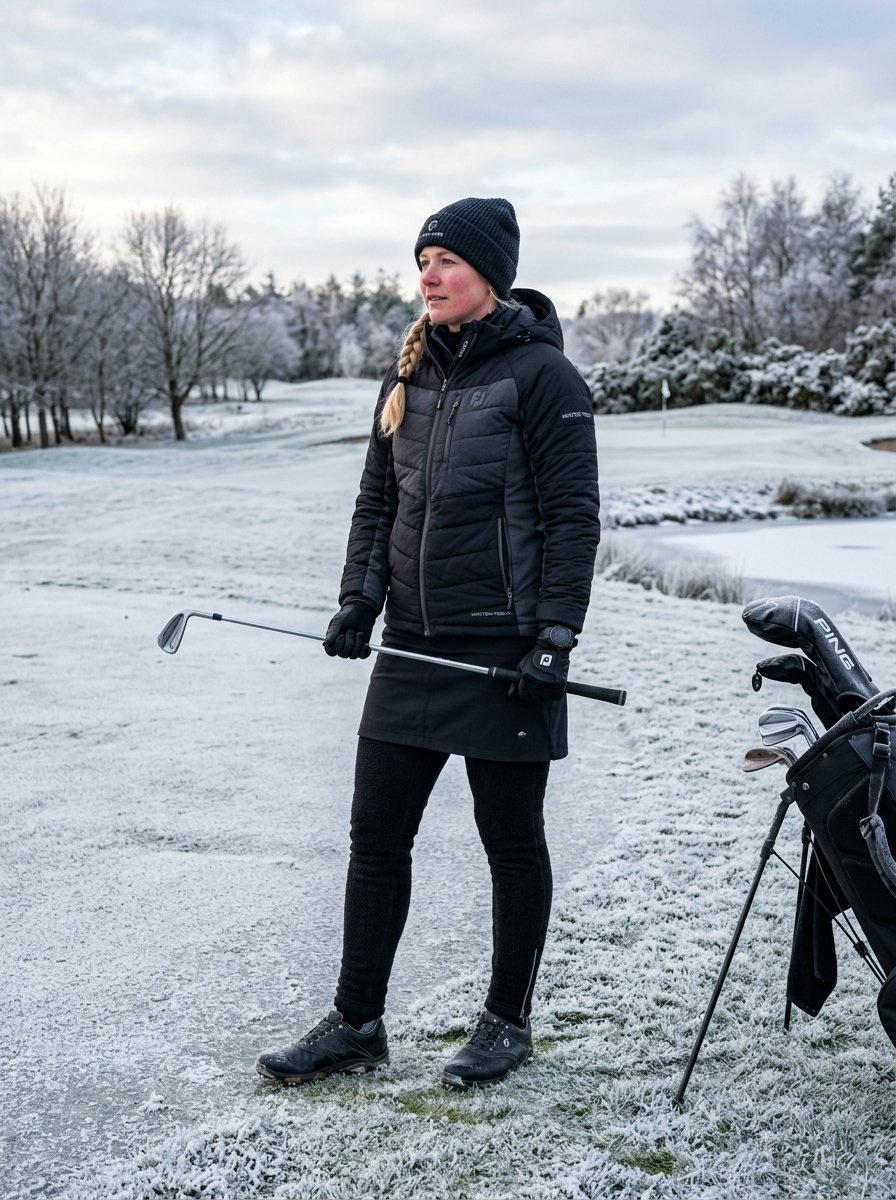 Female golfer standing with a club on a cold morning with snow and ice on the fairway.