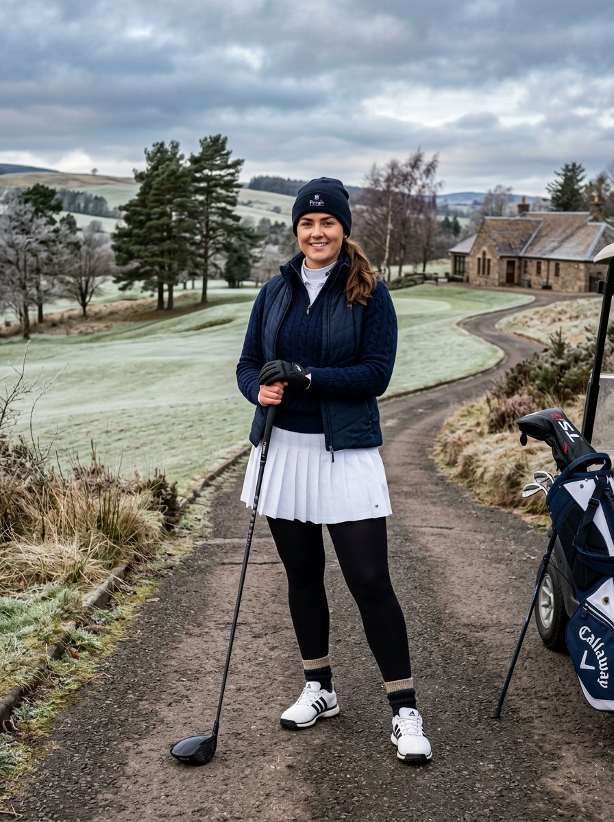 A woman in a navy vest and white pleated skirt posing with a golf club on a cold, frost-covered golf course.