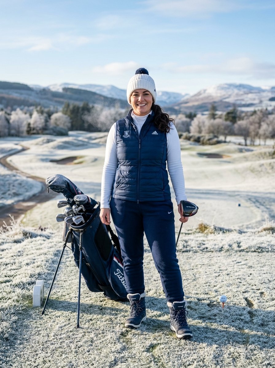A woman in a navy vest and beanie stands on a snow-covered golf course next to her club bag.