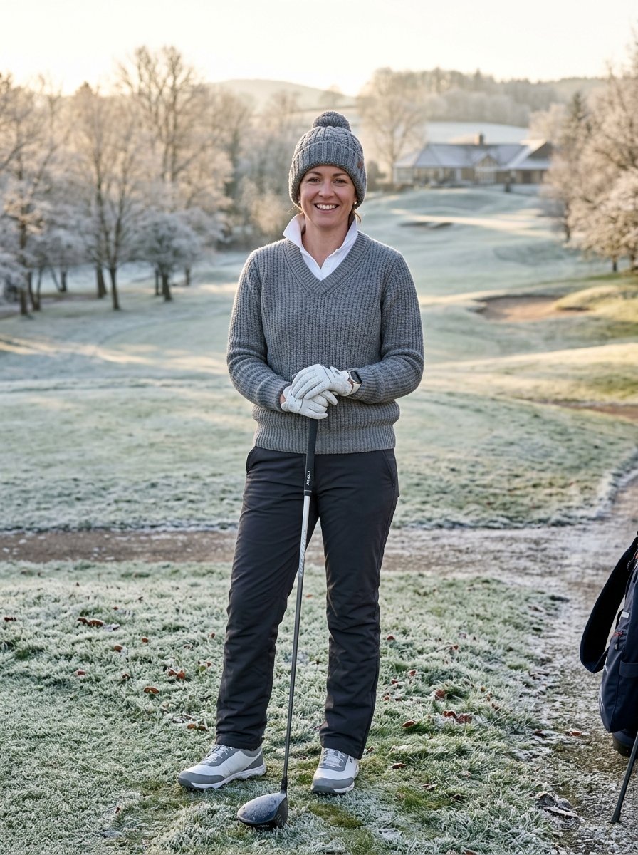 A woman in a grey sweater and beanie stands on a frost-covered golf course holding a golf club.