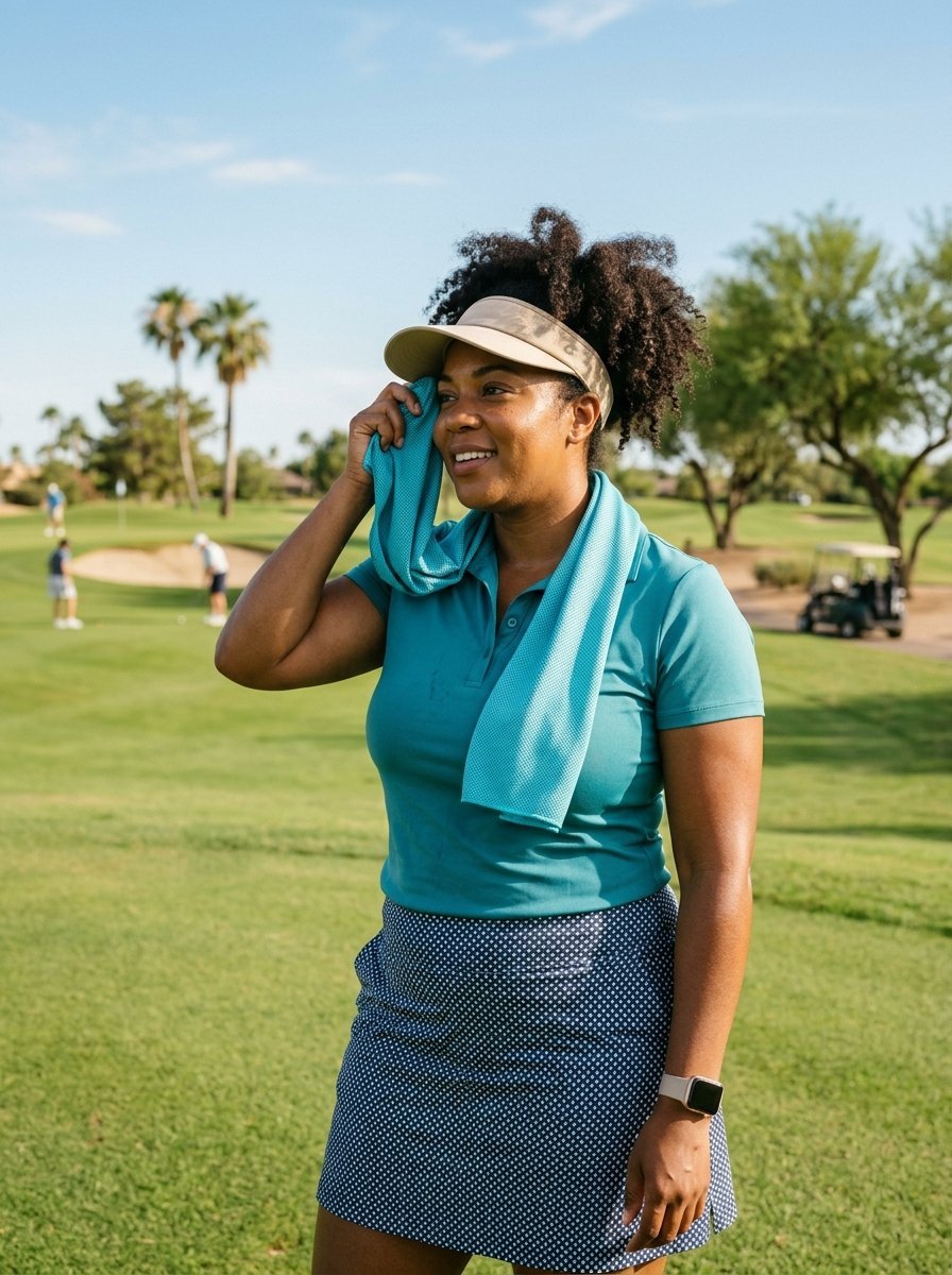A smiling Black woman in a golf visor and athletic wear uses a blue cooling towel on a sunny golf course.