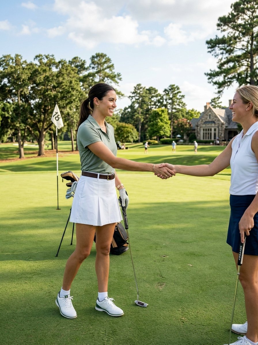 Female golfers in athletic apparel perform a friendly handshake after finishing a round on the eighteenth hole.