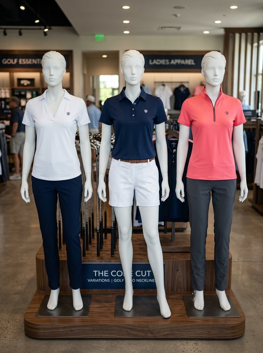 Mannequins in a store display wearing a white polo, navy blue polo, and coral zip-up top with matching golf bottoms.