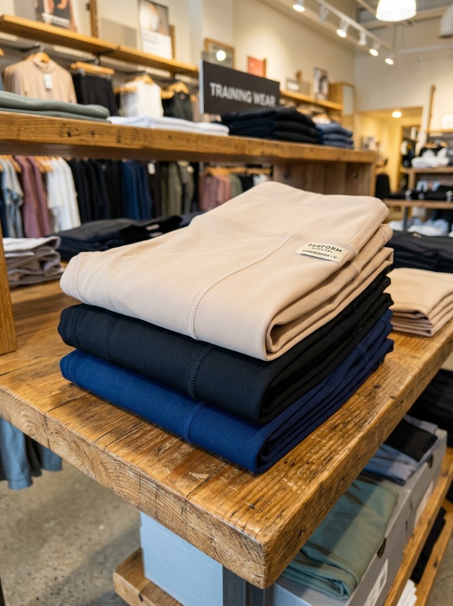 Beige, black, and navy blue athletic pants folded on a rustic wooden retail table.