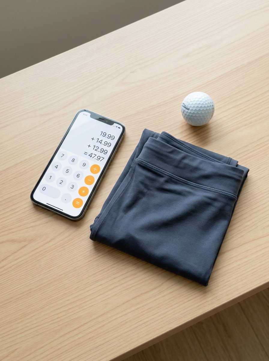 A pair of folded dark grey leggings next to a smartphone showing a sum and a white golf ball on a wood desk.