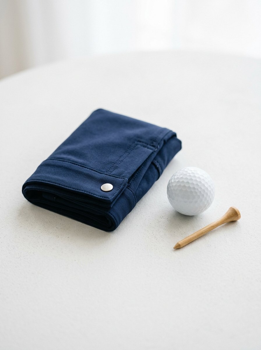 Folded navy blue fabric trousers sitting next to a white golf ball and a small wooden tee on a white surface.