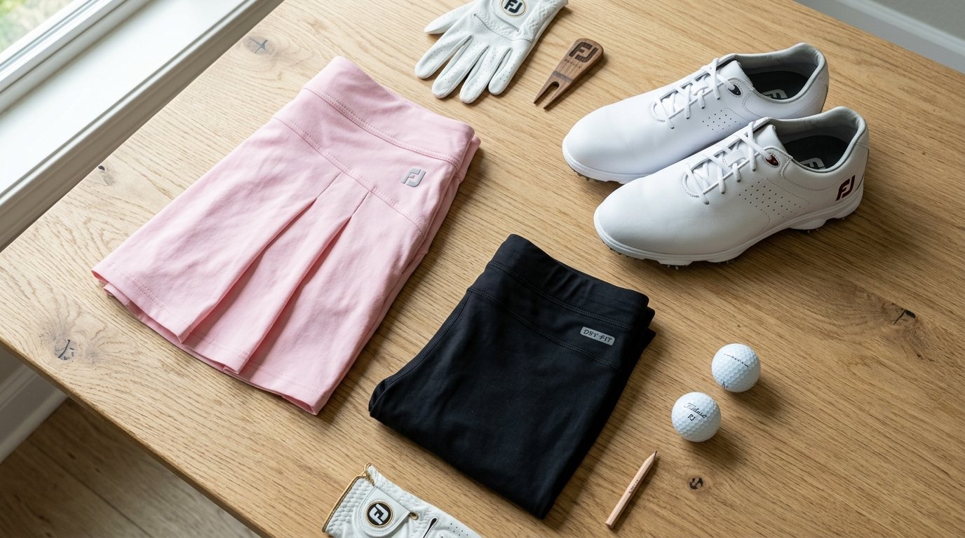 FootJoy skirt, black leggings, white golf shoes, two balls, a pencil, and a glove on a wooden table.