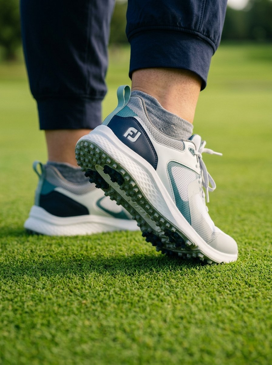 Close-up of golfer wearing spikeless athletic golf footwear on a green putting surface.