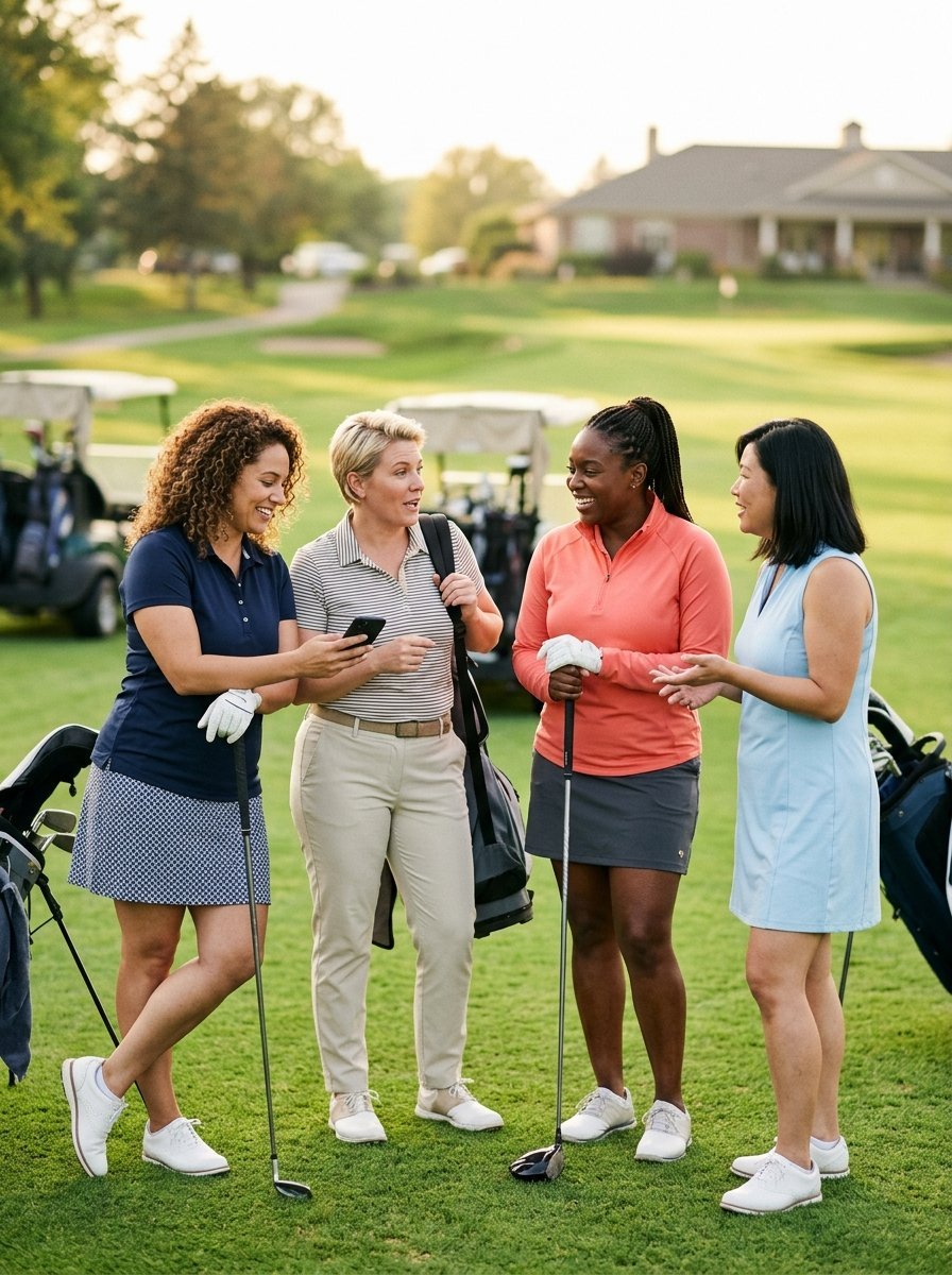 Group of four women in golf attire standing on a green fairway, laughing and holding golf clubs near their carts.