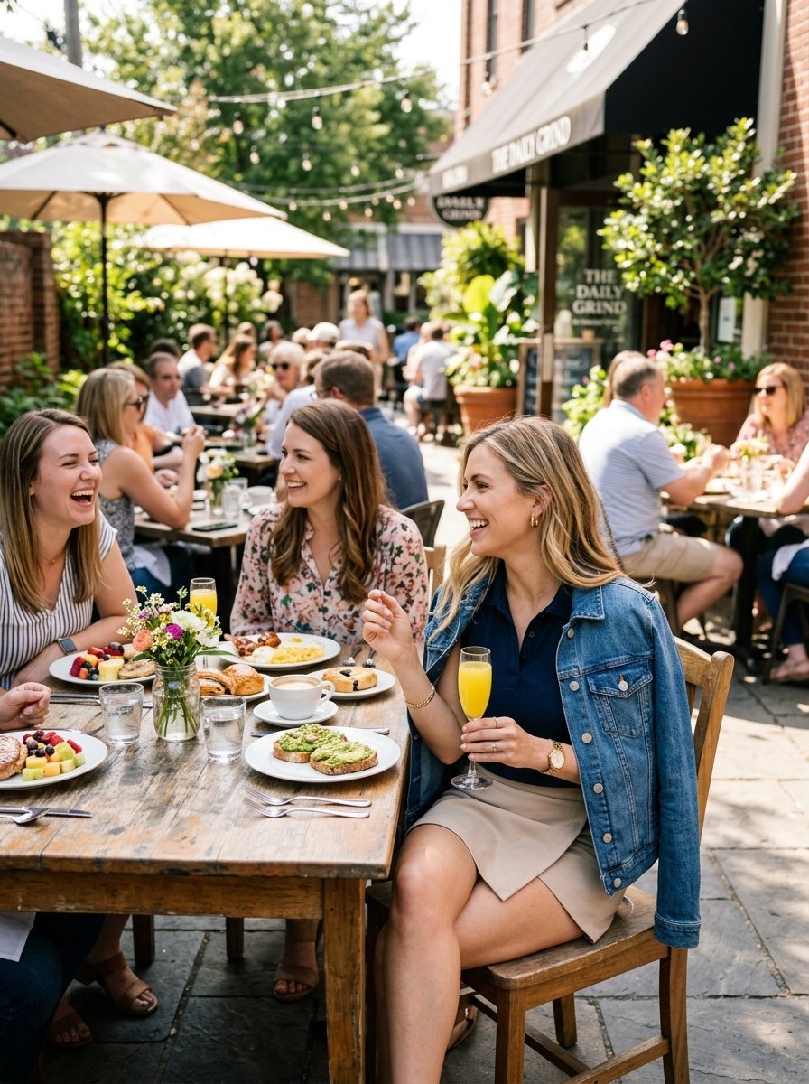 Group of women laughing at a wooden table with avocado toast and mimosas outside a restaurant named The Daily Grind.