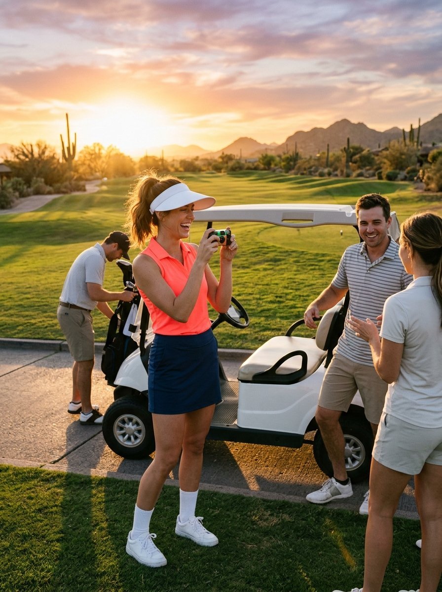 Group of friends laughing at a desert golf course during a golden hour sunset.