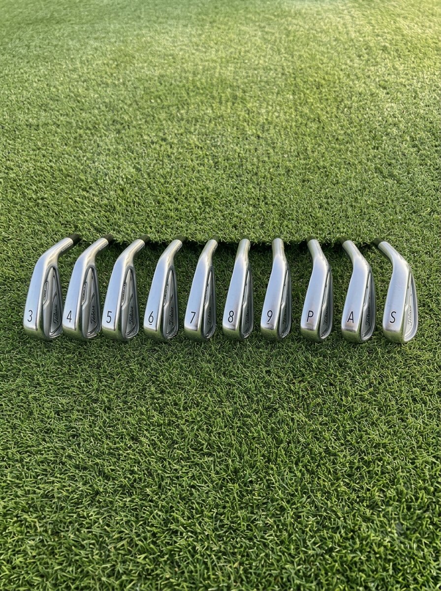 Nine Titleist golf club heads from 3-iron to sand wedge arranged in a straight row on a putting green.
