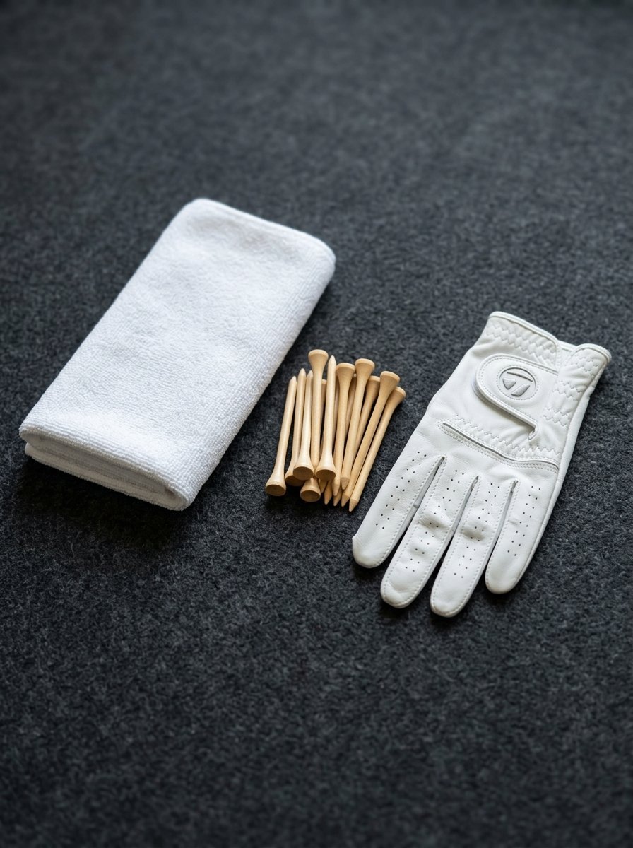 A white folded towel, a cluster of wooden golf tees, and a TaylorMade golf glove on a dark grey felt surface.