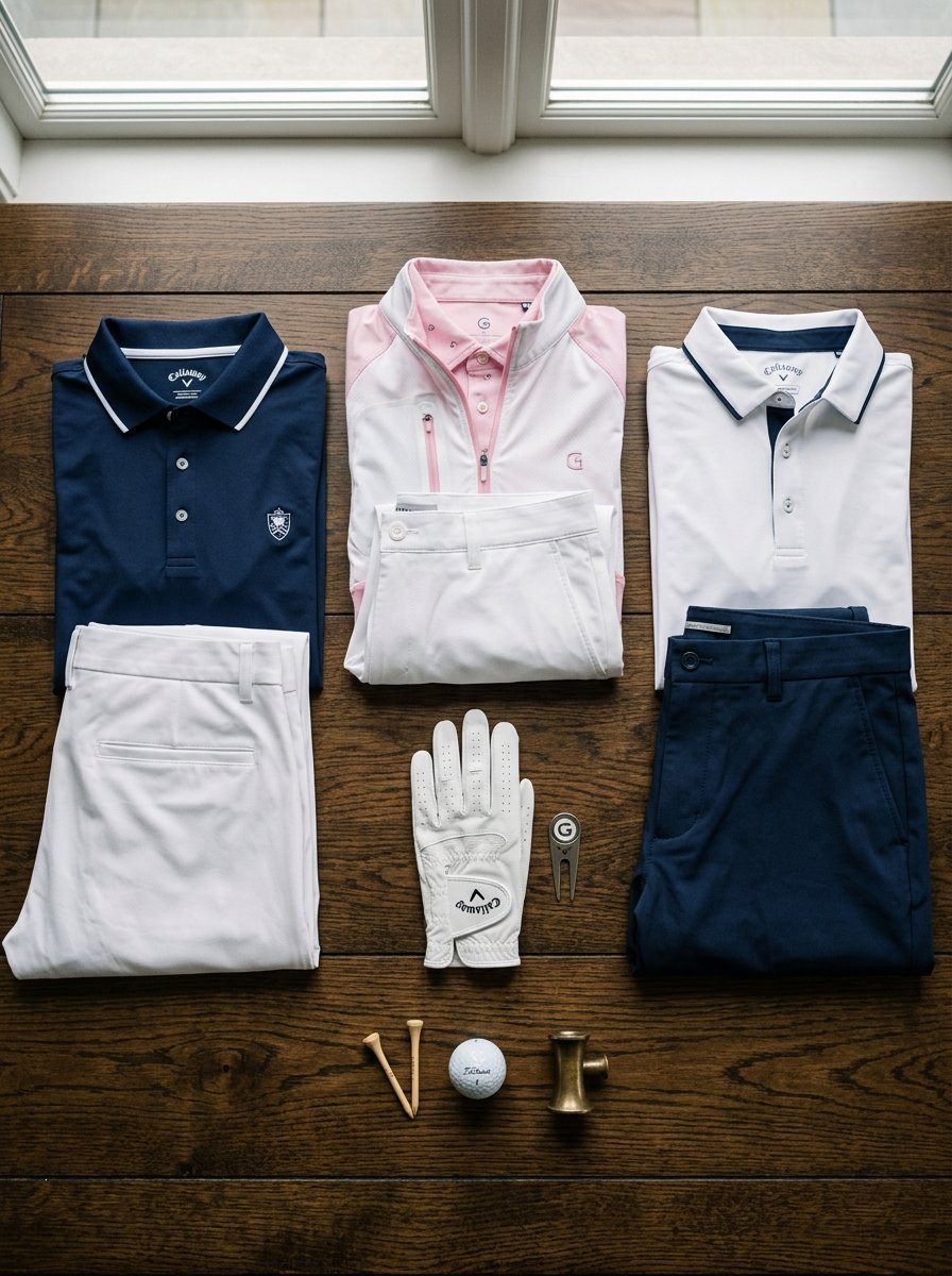 Top-down view of golf shirts, pants, a glove, ball, and tees arranged on a dark wooden floor.