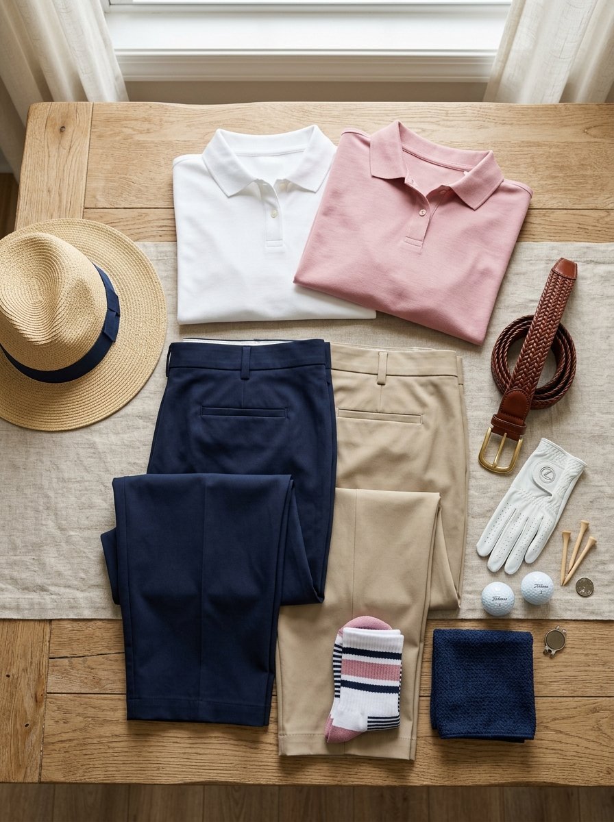 Folded polo shirts, trousers, a straw hat, leather belt, golf glove, and balls arranged neatly on a wooden table.