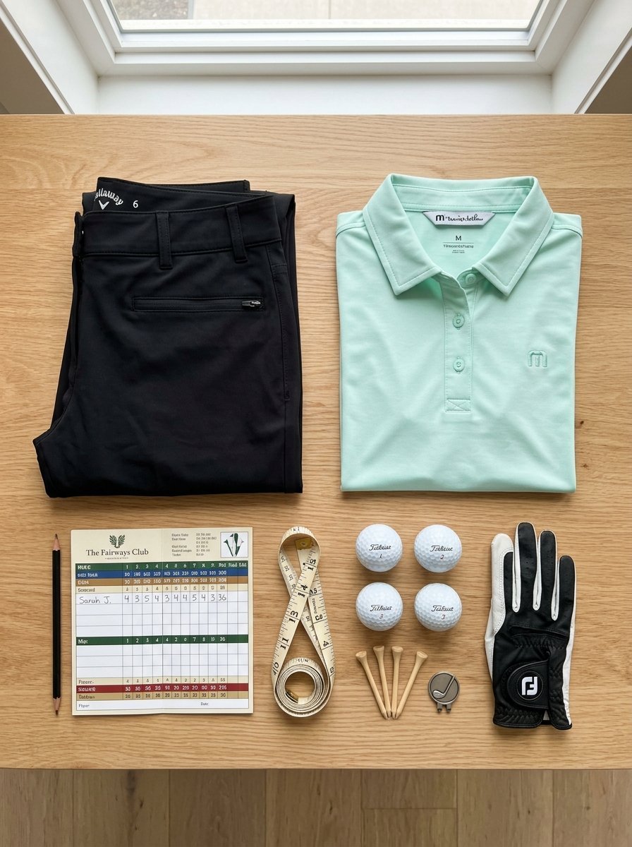 Callaway pants, TravisMathew polo, golf balls, scorecard, glove, and tees laid out for a round of golf.