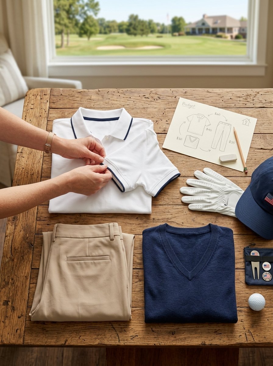 Person folding a white collared shirt next to khaki pants, a navy sweater, golf gloves, and a budget sketch.