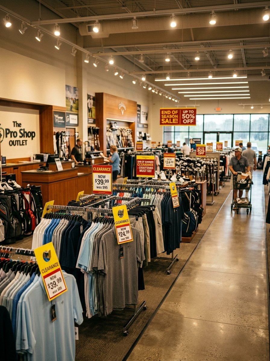 A busy golf retail store aisle filled with clothing racks displaying shirts and yellow clearance price tags.