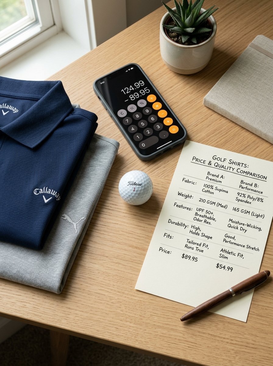 A comparison chart for golf shirts resting on a wooden desk next to a phone, golf ball, and folded polo shirts.
