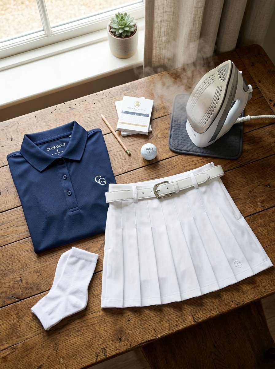 Steaming iron next to a navy golf shirt, white skirt, socks, and golf ball on a rustic wooden table.