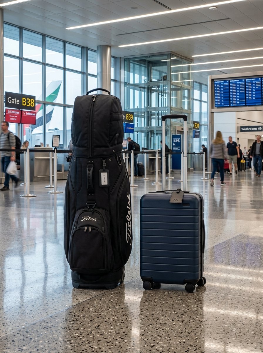 A soft golf travel bag and a hard-shell navy roller luggage standing on a terminal floor near gate B38.