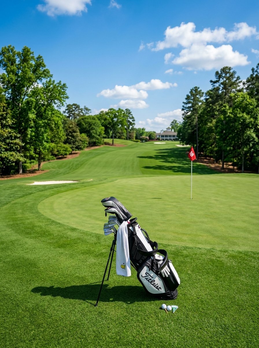 A professional golf bag on a stand resting on a well-manicured putting green near the eighteenth flag.