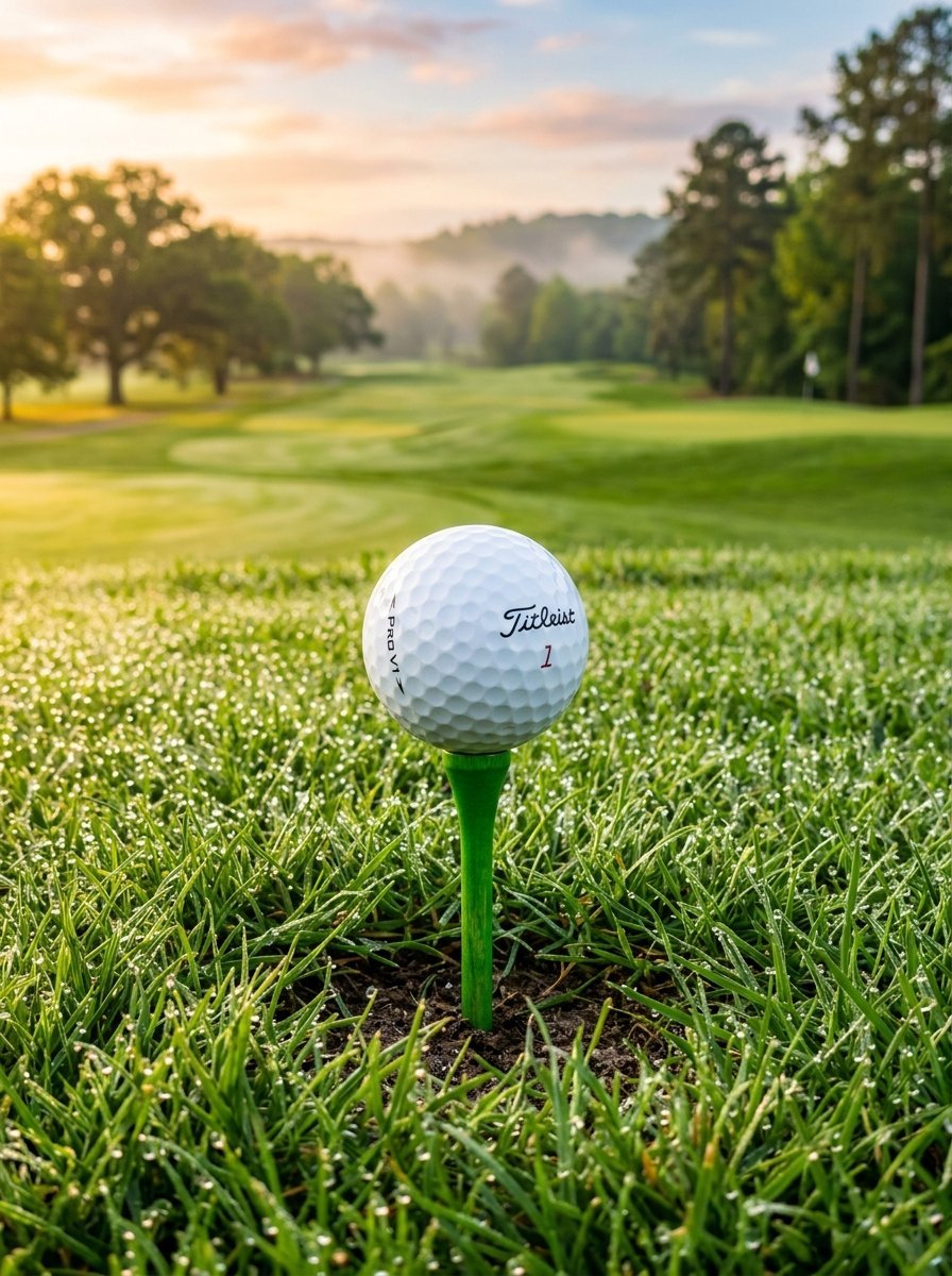 Close-up of a white golf ball resting on a bright green wooden tee in dew-covered grass at a golf course.