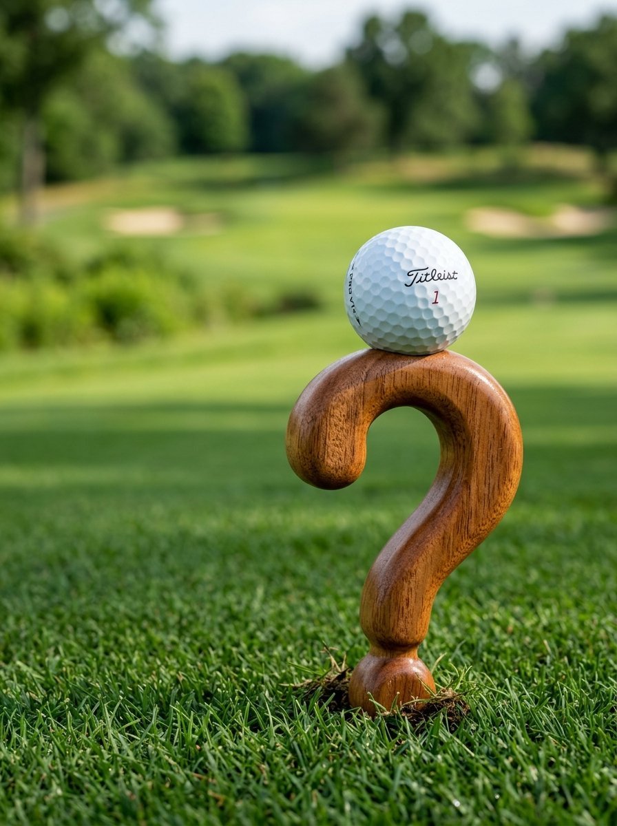 White golf ball balanced on top of a carved wooden question mark shaped tee on a lush green golf course.