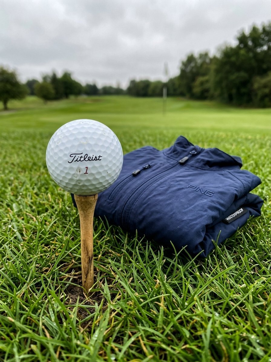 Close-up of a white Titleist golf ball on a tee with a folded blue waterproof Ping jacket on the grass.