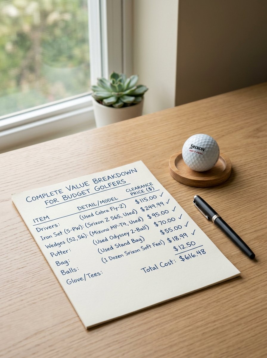 Handwritten list on paper showing prices for various used golf clubs and accessories on a wooden desk.