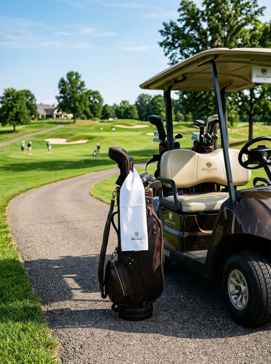 Dark brown leather golf bag with white towel next to a golf cart on a paved course path.
